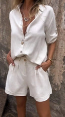Conjunto Casual em Linho e Algodão Blusa + Shorts (Promoção de Outono)
